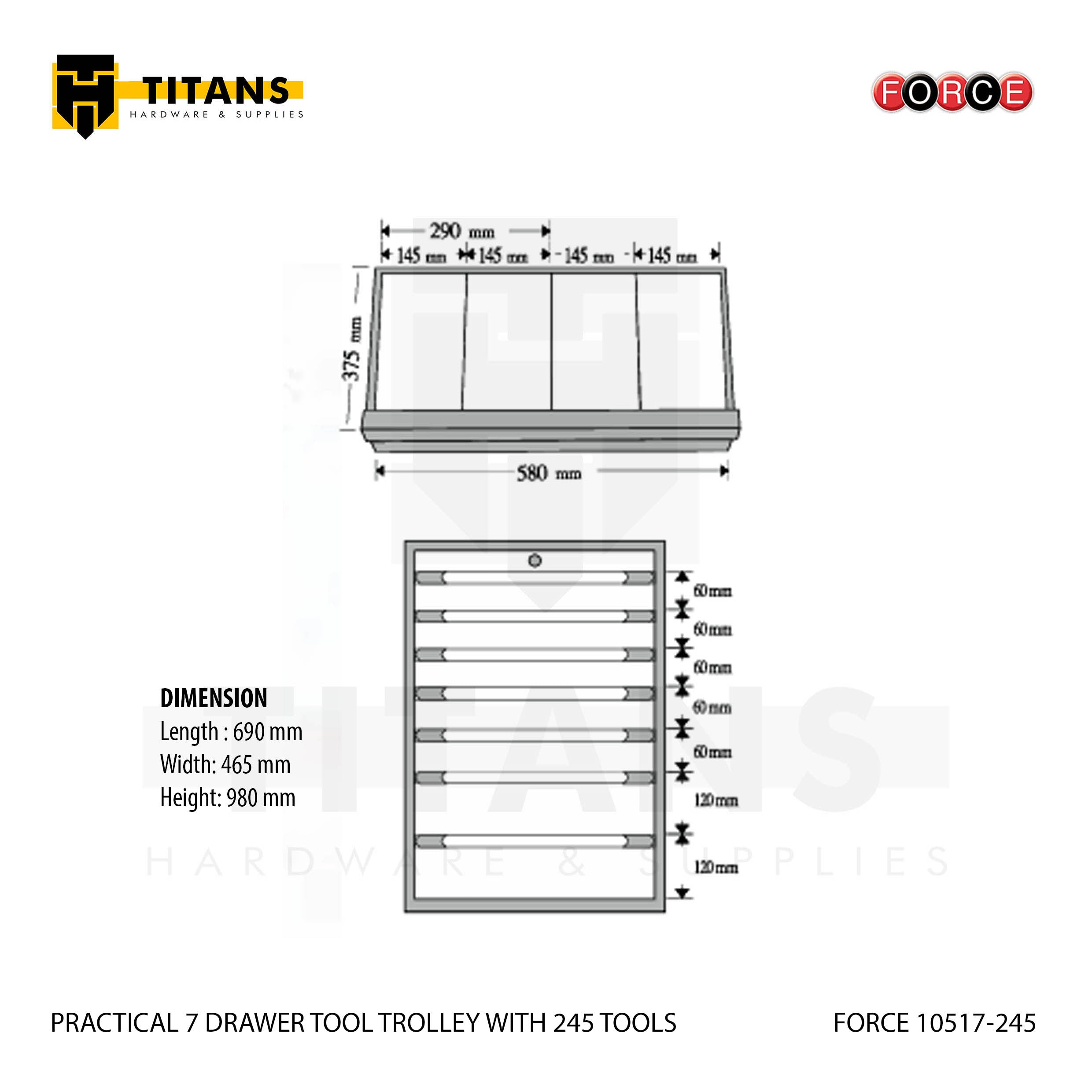 (FORCE 10517-245) PRACTICAL 7 DRAWER TOOL TROLLEY WITH 245 TOOLS Secondary image