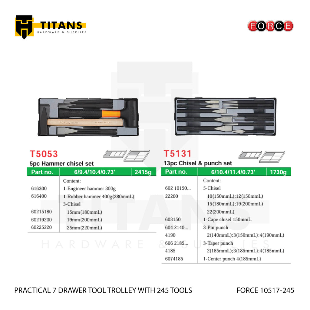 (FORCE 10517-245) PRACTICAL 7 DRAWER TOOL TROLLEY WITH 245 TOOLS
