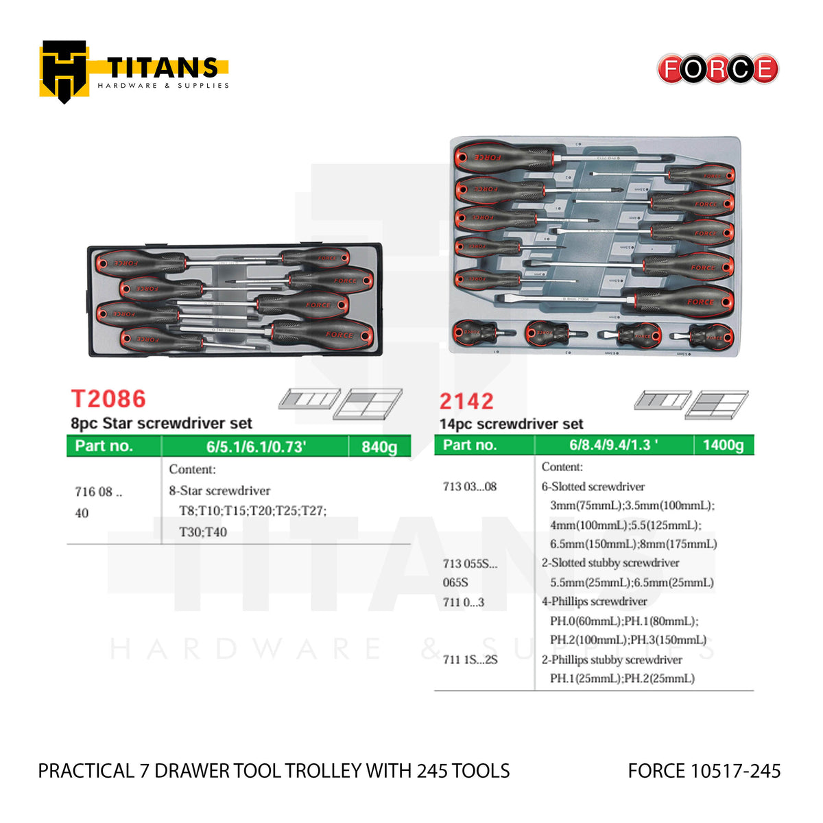 (FORCE 10517-245) PRACTICAL 7 DRAWER TOOL TROLLEY WITH 245 TOOLS