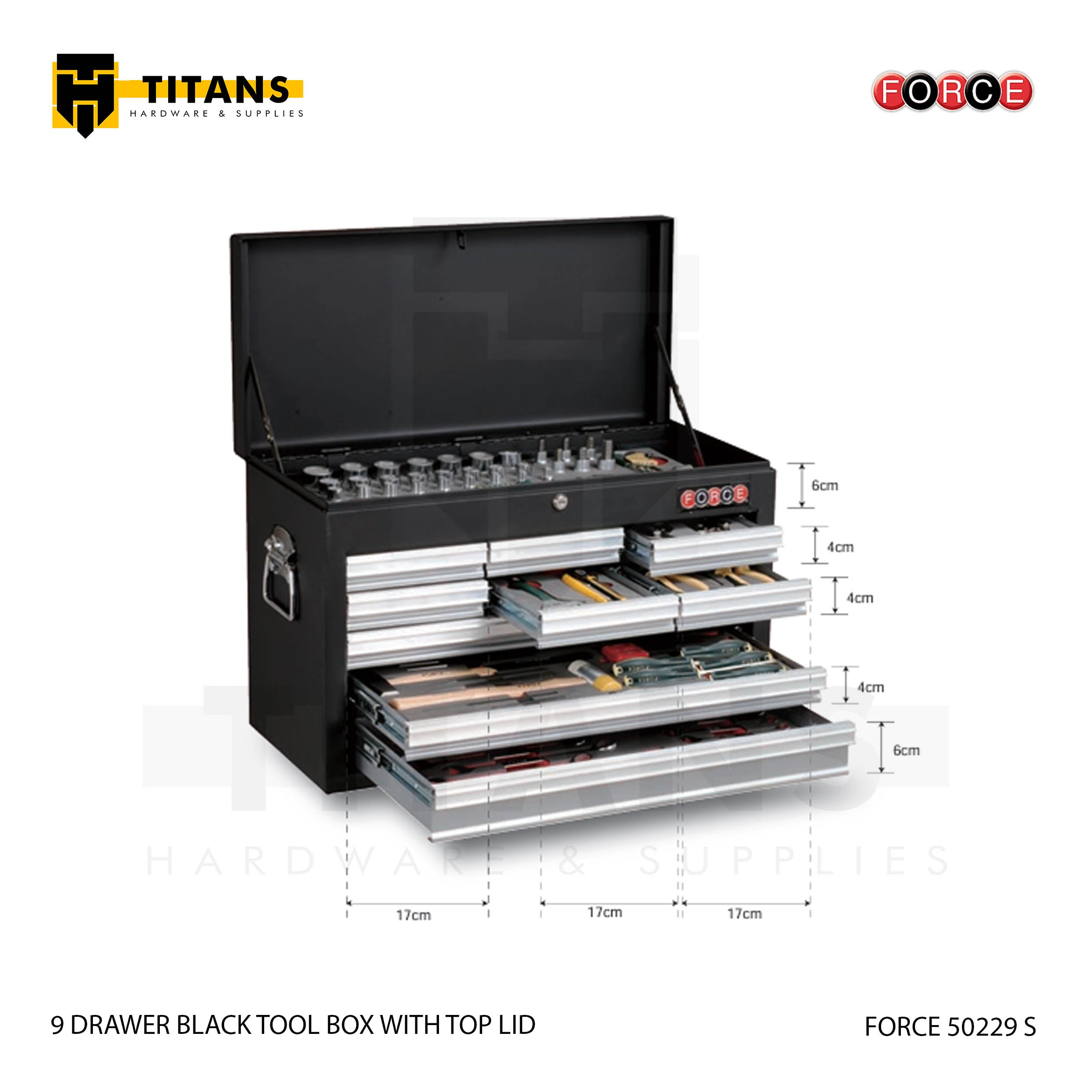 (FORCE 50229 S) 9 DRAWER BLACK/RED TOOL BOX WITH TOP LID, EMPTY Secondary image