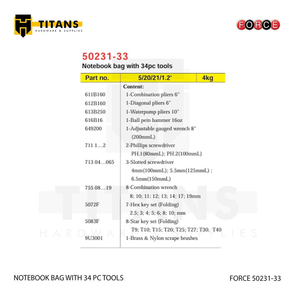 (FORCE 50231-33) 34PC, NOTEBOOK BAG, TOOLS INCLUDED