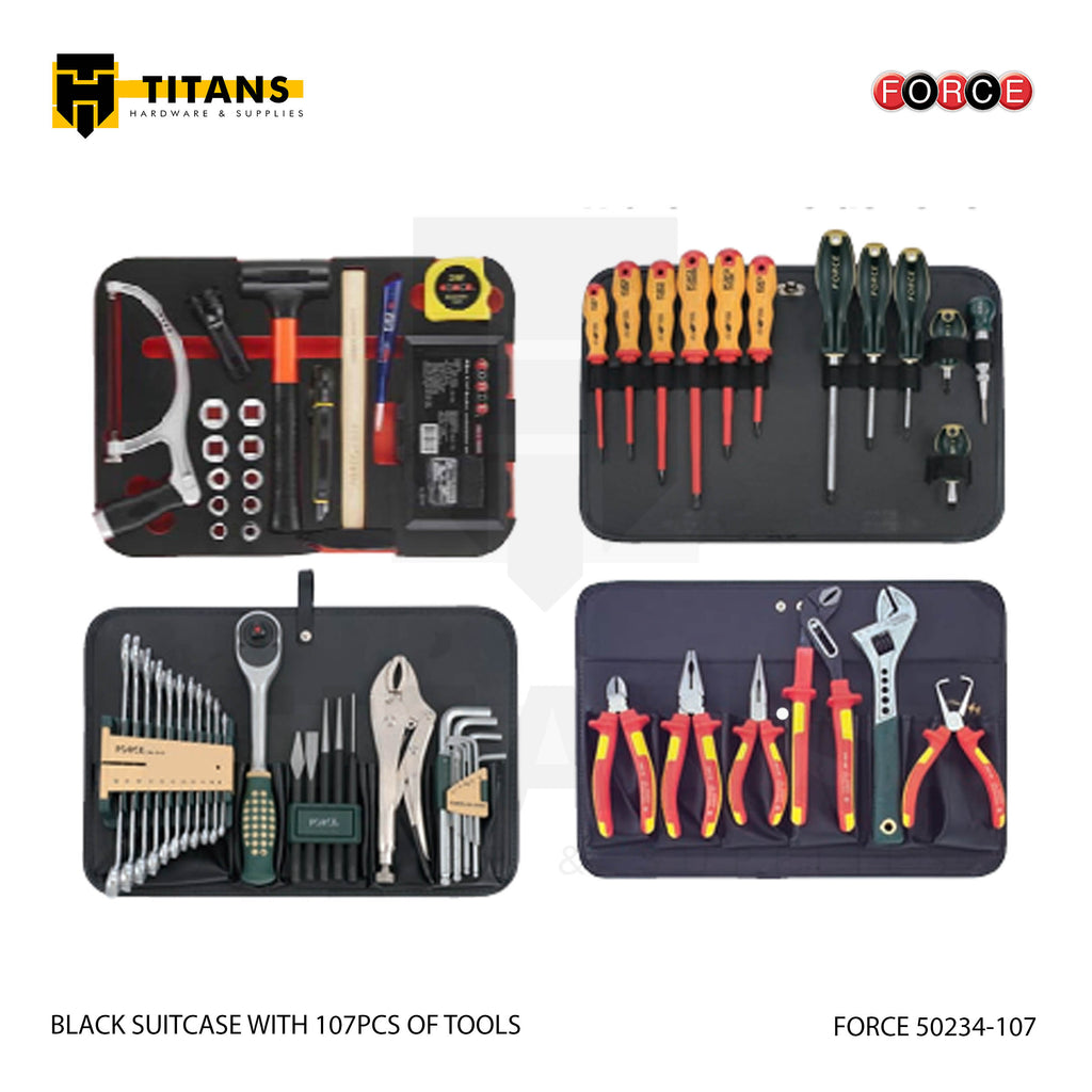 (FORCE 50234-107) 107PCS BLACK TOOL SUITCASE, ROLLABLE, TOOLS INCLUDED