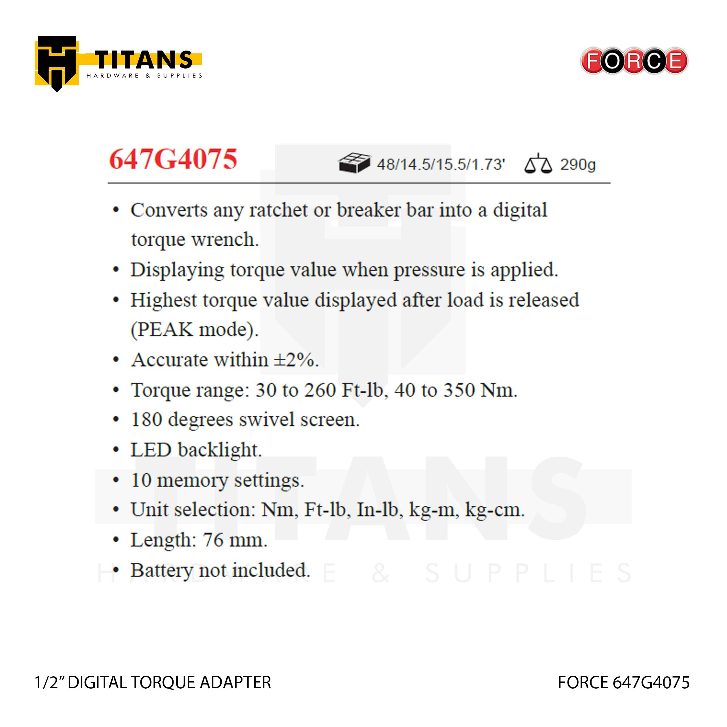 (FORCE 647G4075) 1/2" DIGITAL TORQUE ADAPTER Secondary image