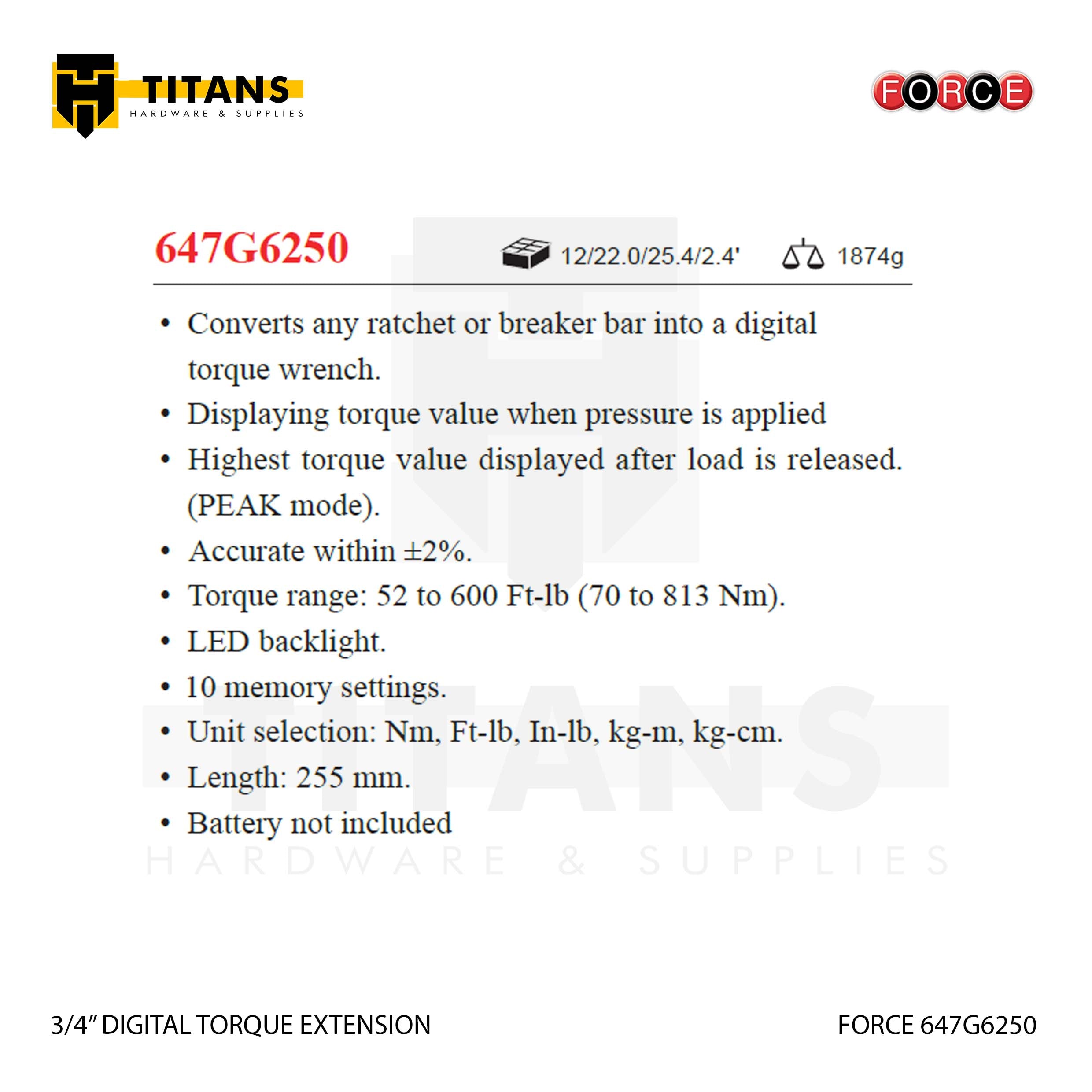 (FORCE 647G6250) 3/4" DIGITAL TORQUE EXTENSION Secondary image