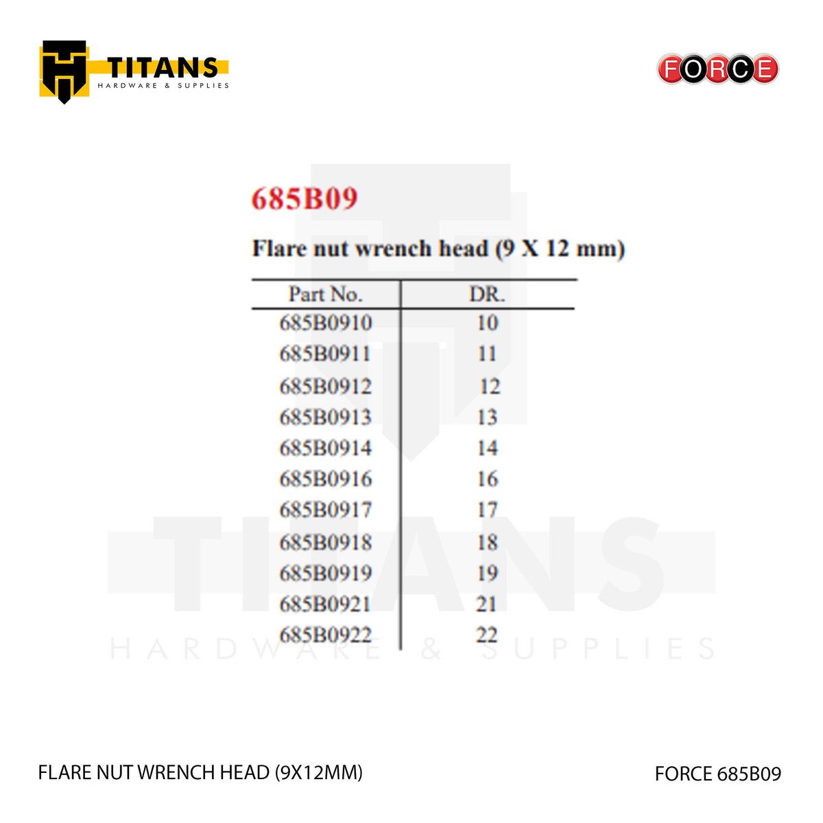 (FORCE 685B09) FLARE NUT WRENCH HEAD (9X12MM)
