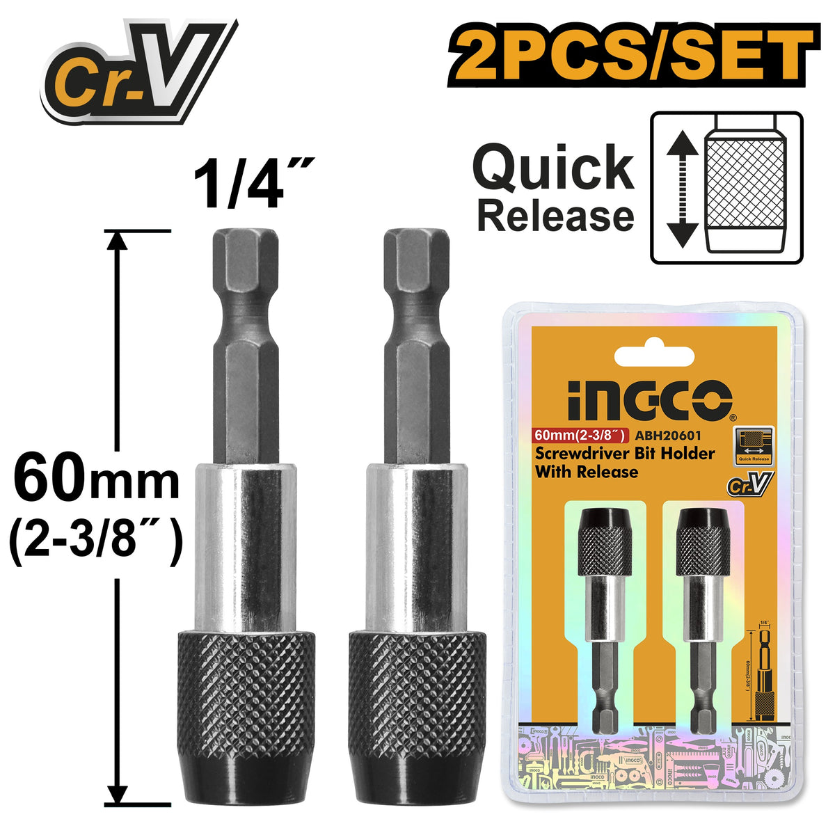 INGCO 2PCS 1/4" SHANK QUICK RELEASE MAGNETIC BIT HOLDER 60MML ABH20601 Main image
