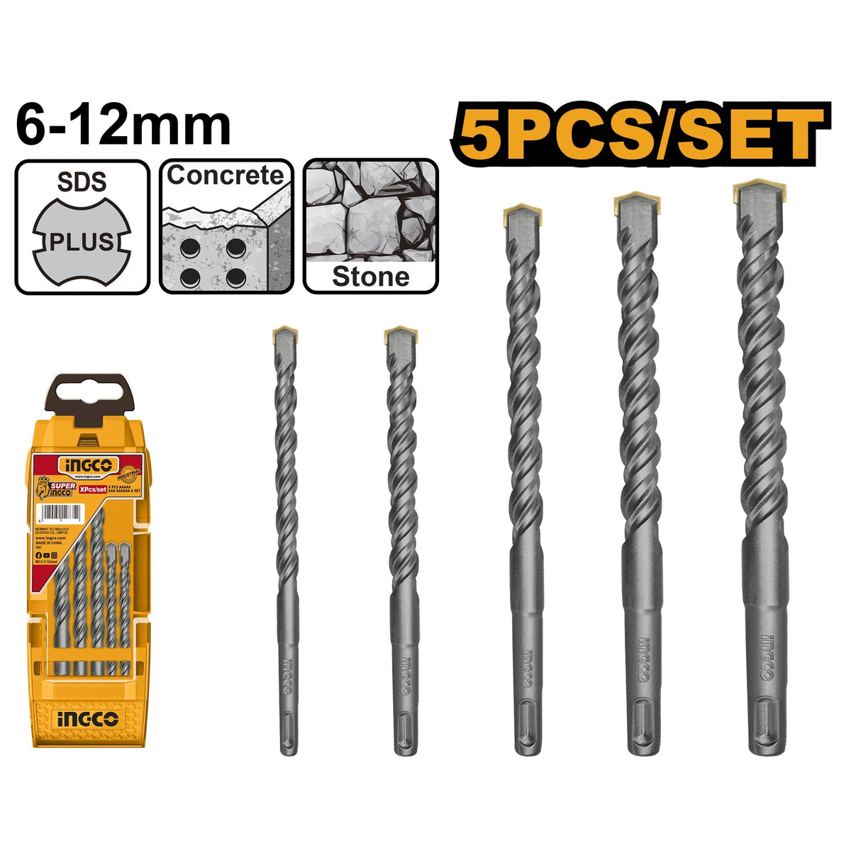 INGCO 5PCS SDS+ DRILL BIT SET 6.0, 8.0, 8.0,10 & 12MM AKD2052