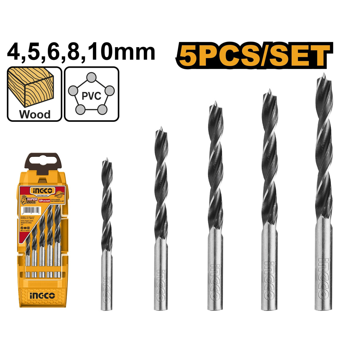 INGCO 5PCS WOOD DRILL BIT SET 4,5,6,8 & 10MM AKD5058