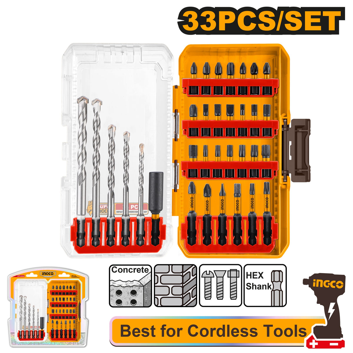INGCO 33PCS IMPACT SCREWDRIVER BITS+MANSONRY DRILL SET AKDL11303