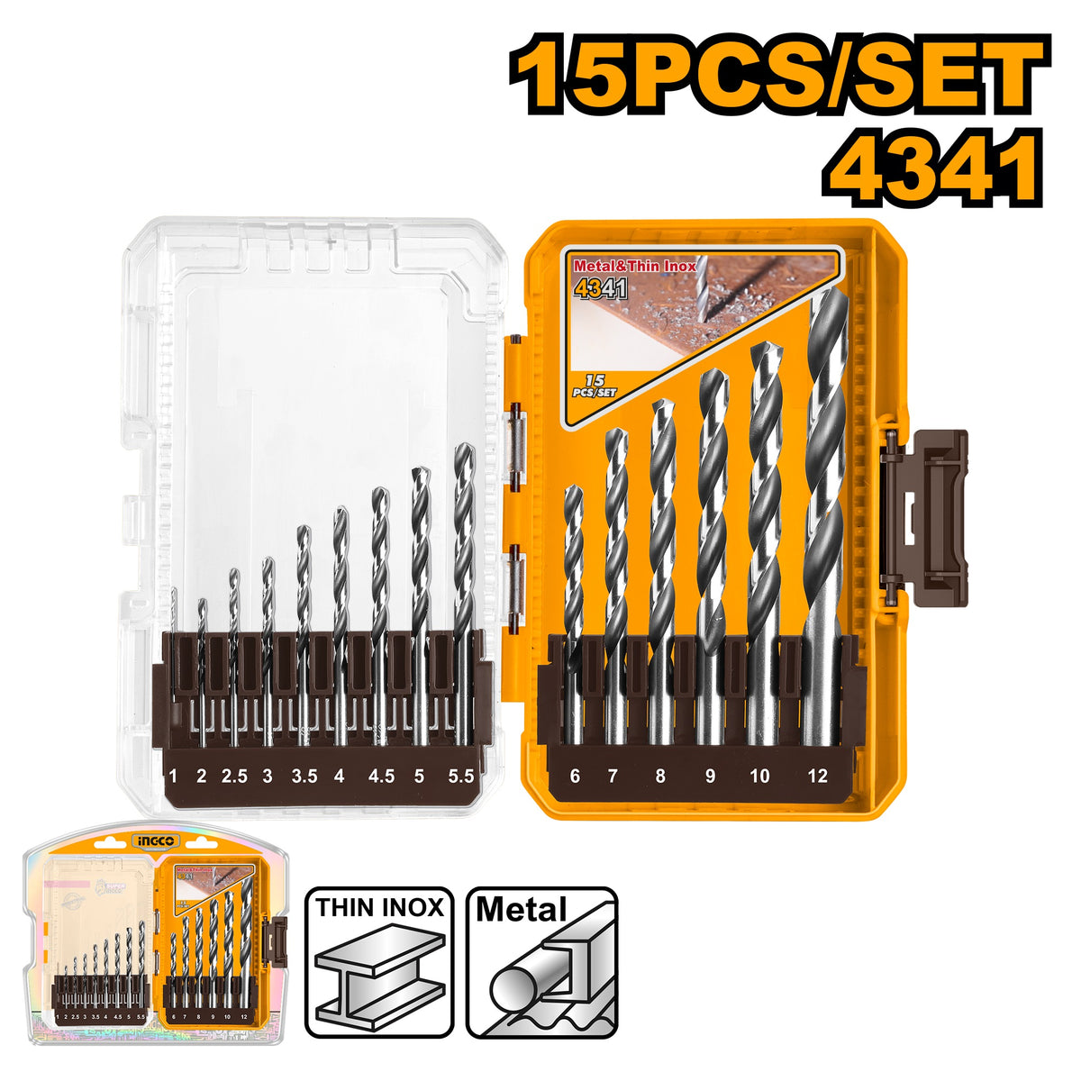 INGCO 15PCS 4341 HSS DRILL BIT SET 1~12MM 135° AKDL51506 Main image