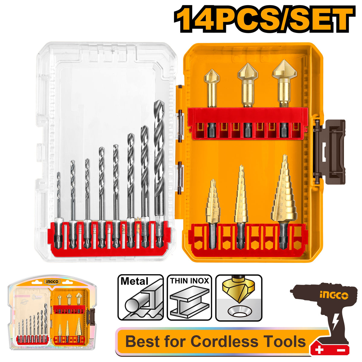 INGCO 14PCS 8XHSS DRILLS+3XSTEP DRILLS+3XCOUNTERSINK BITS SET AKDL61401 Main image