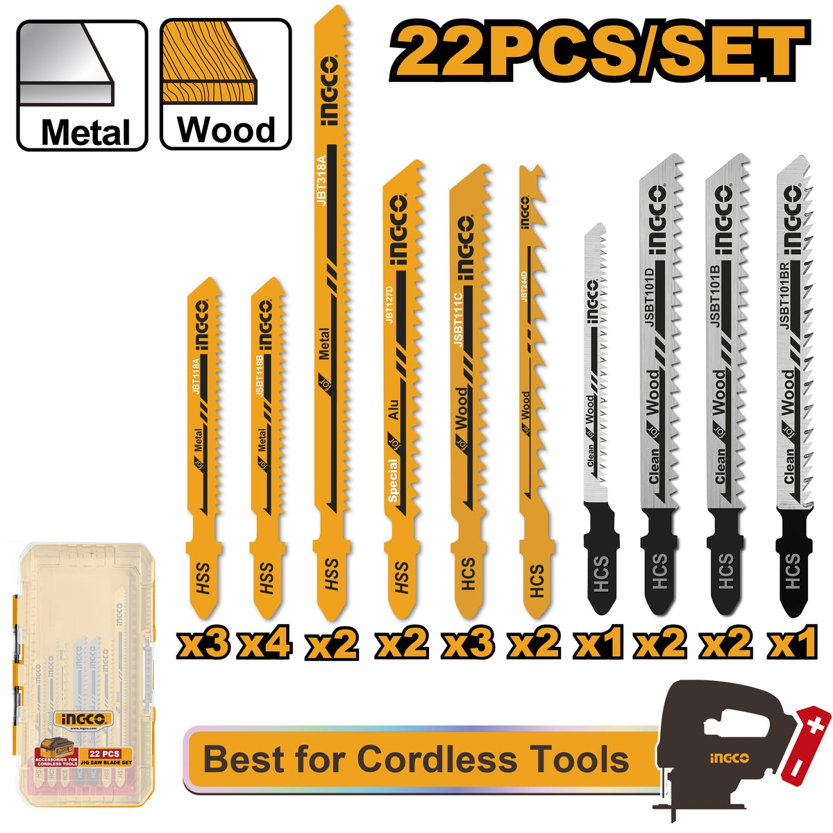 INGCO 22PCS JIG SAW BLADES SET ASSORTED SIZES AKDL62201 Main image