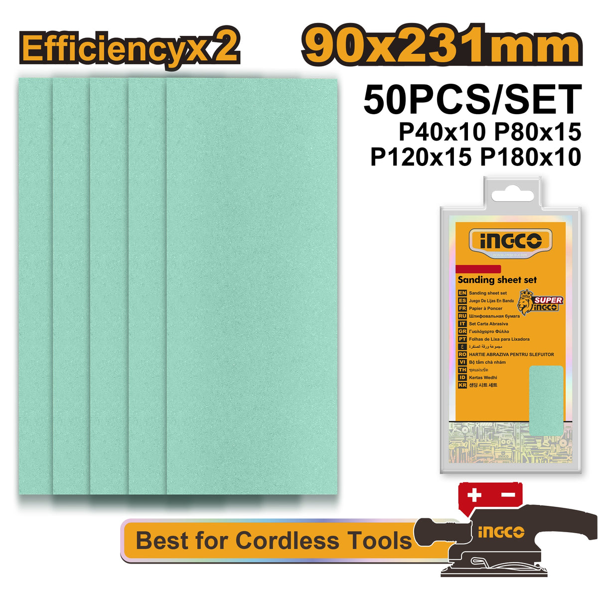 INGCO 50PCS SANDPAPER #40,80,120,180 SET 90X231MM AKFS0902311