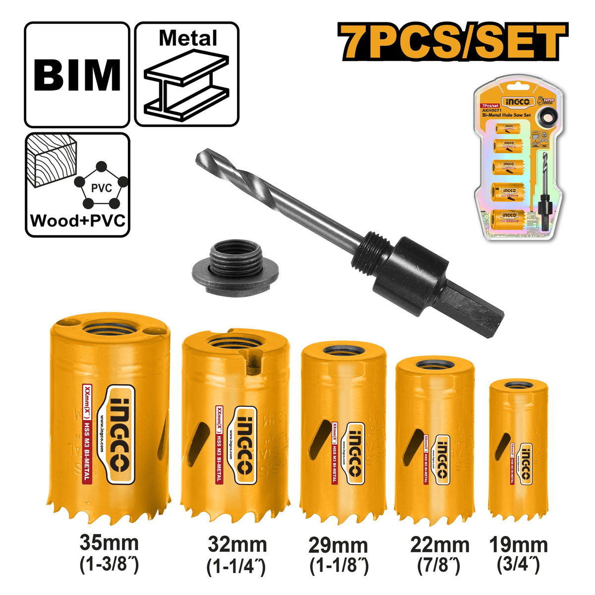 INGCO 7PCS BI-METAL HOLE SAW 19,22,29,32,35+ARBOR SET AKH0071 Main image