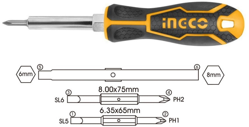 INGCO 6 IN 1 INTERCHANGEABLE SCREWDRIVER AKISD0608