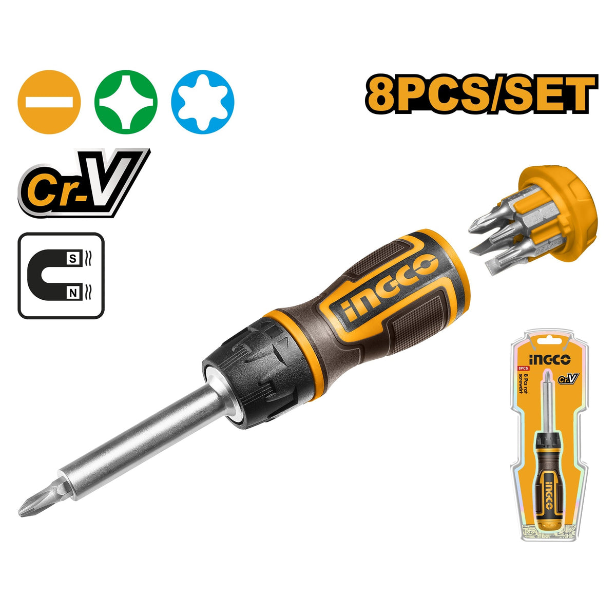 INGCO 8 PCS IN 1 RATCHET SCREWDRIVER AKISD0808 Main image