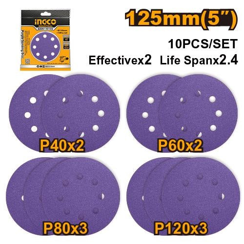 INGCO 10PCS 5" PURPLE ORITAL SANDING DISC 2XP40&P60,3XP80&P120 AKRS125101 Main image