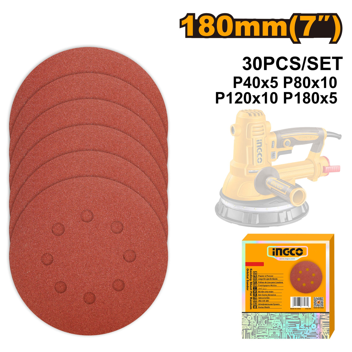 INGCO 30X 7" SANDING DISCS 5XP40 P180,10XP80,P120 (FOR DWS10508) AKRS180030 Main image