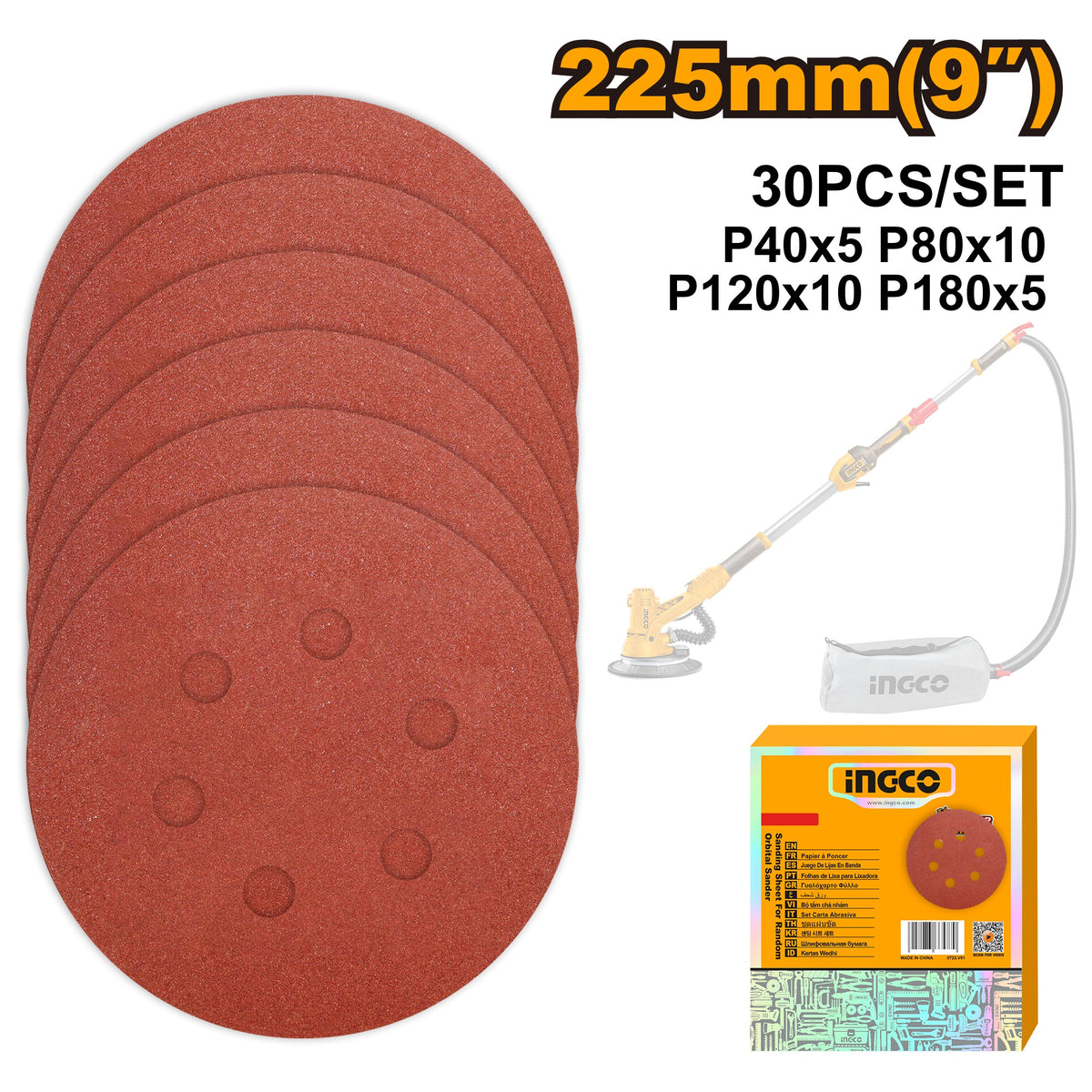 INGCO 30X 9" SANDING DISCS 5XP40 & P180,10XP80 & P120 AKRS225030