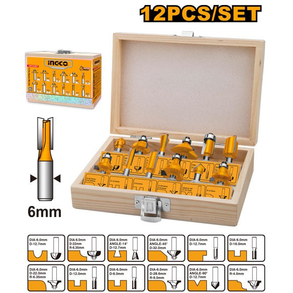 INGCO 12 PCS 6MM SHANK ROUTER BIT SET AKRT1201