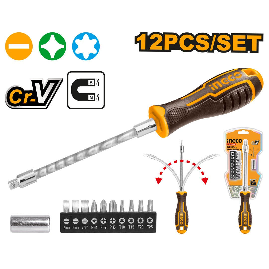 INGCO 12 PCS FLEXIBLE SHAFT SCREWDRIVER SET AKSDFL1208 Main image