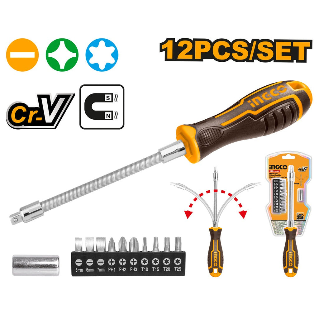 INGCO 12 PCS FLEXIBLE SHAFT SCREWDRIVER SET AKSDFL1208