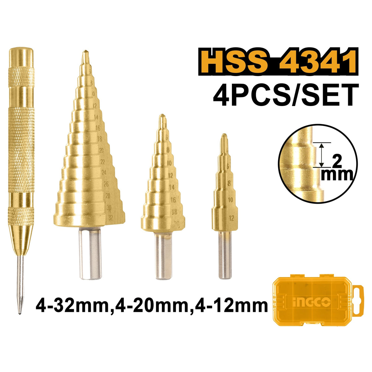 INGCO 3PC HSS STEP DRILL SET 4-12, 4-22,4-32MM+AUTO CENTER PUNCH AKSDS2041
