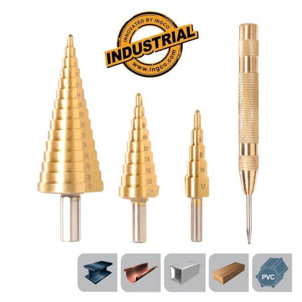 INGCO 3PC HSS STEP DRILL SET 4-12, 4-22,4-32MM+AUTO CENTER PUNCH AKSDS2041