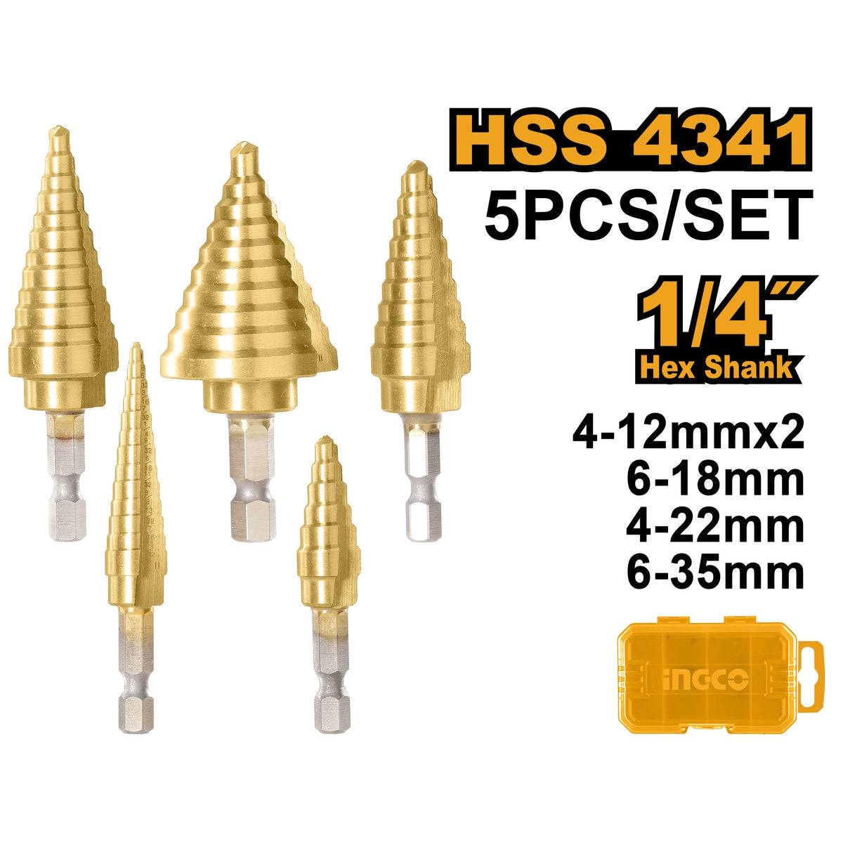 INGCO 5PC HSS STEP DRILL SET (2X 4-12, 6-18, 4-22, 6-35MM) AKSDS2051 Main image