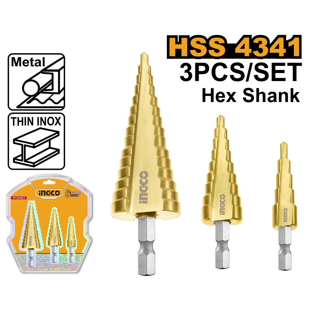 INGCO 3PC HSS STEP DRILL SET 4-12, 4-20, 4-32MM HEX SHANK AKSDS80402