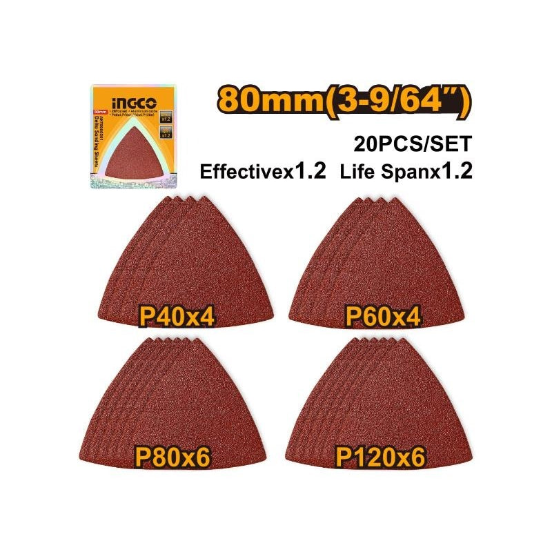 INGCO 20PCS 80MM DELTA SANDING SHEET GRIT 40,60,80,120 AKTS080201