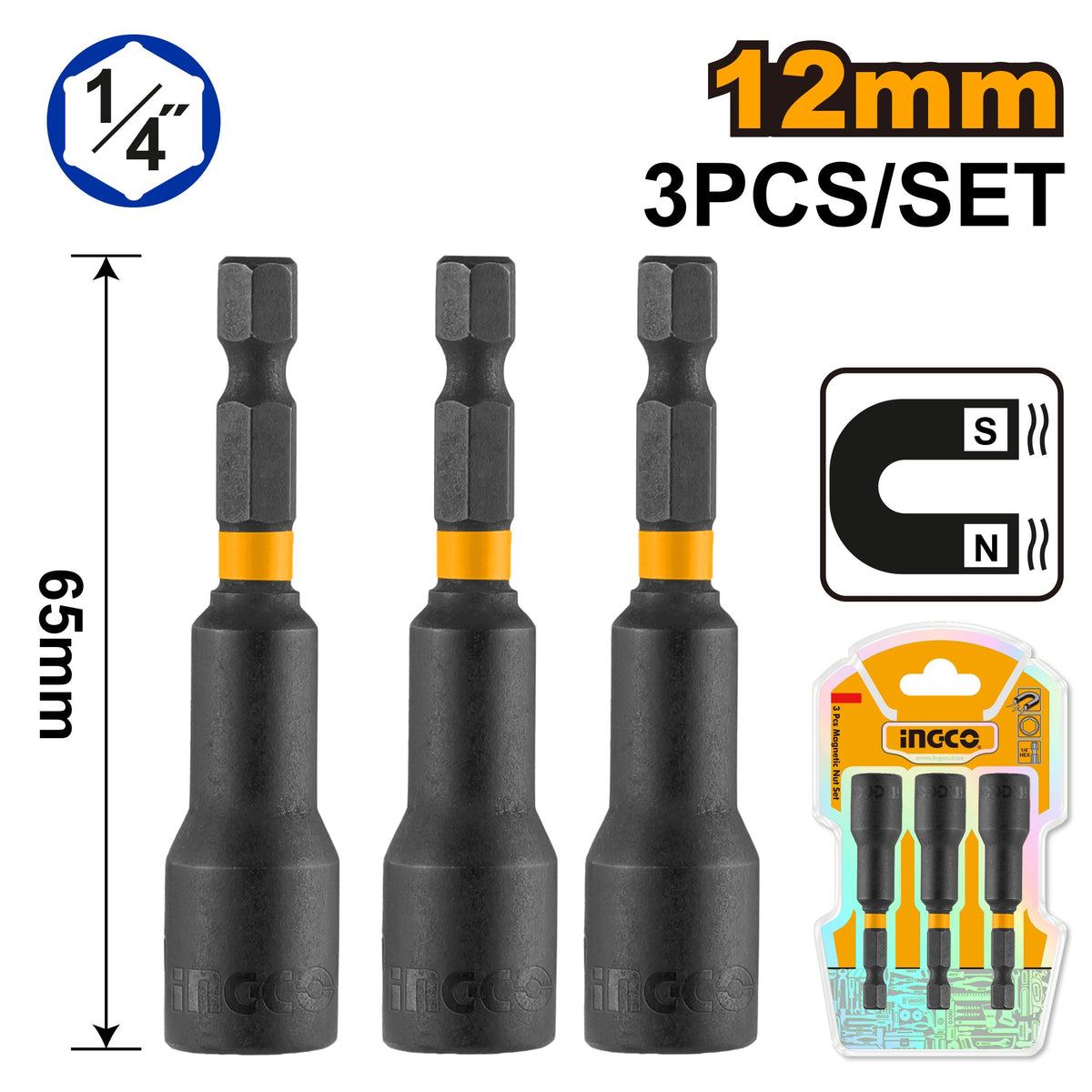 INGCO 3 PCS IMPACT MAGNETIC NUT SET ADAPTOR 12MM AMN1231 Main image