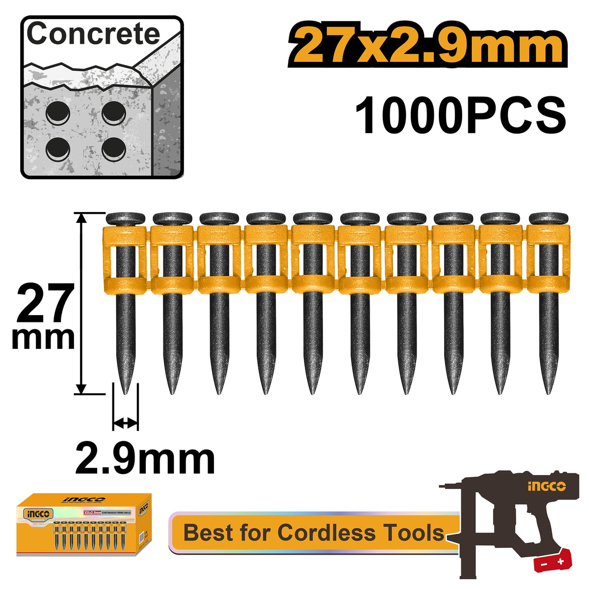 INGCO 27MM CONTINOUS FIRING CONCRETE NAIL 1000/BOX (42V NAILER) ANA02271 Main image