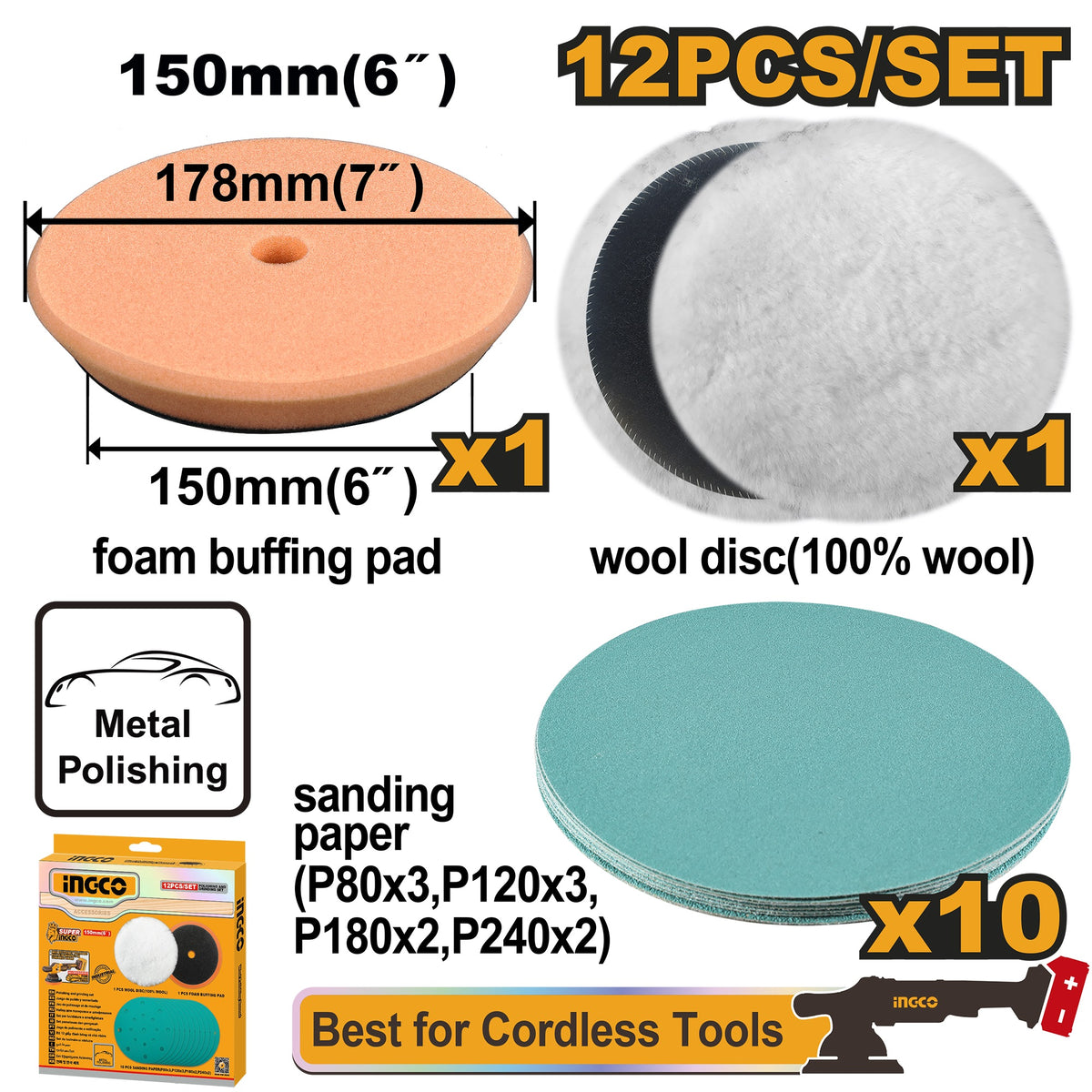 INGCO 12PCS 150MM POLISHING PAD & GRINGING SET APG15012 Main image