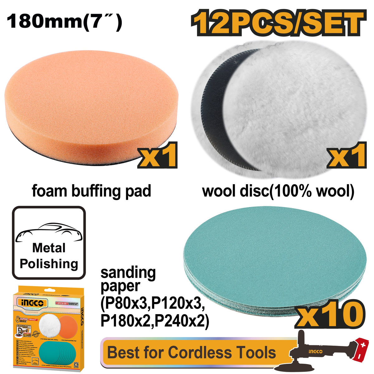 INGCO 12PCS 180MM POLISHING PAD & GRINDING SET APG18012 Main image