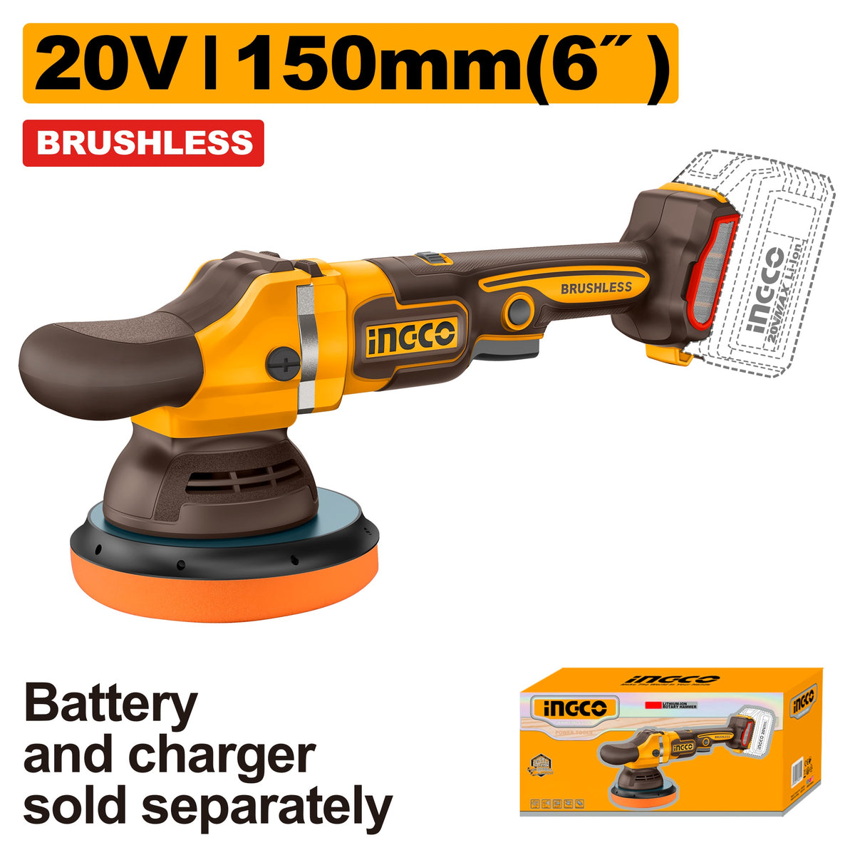 INGCO 20V 6" BL ANGLE POLISHER 2000-4500RPM APLI2015 (BARE UNIT) Main image