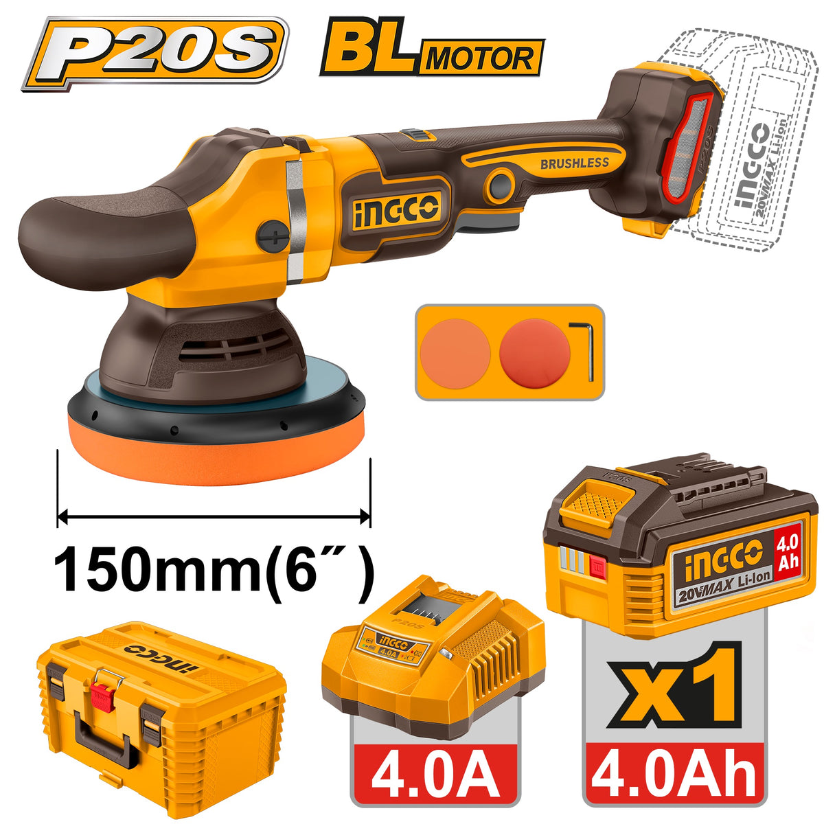 INGCO 20V BL 6" ANGLE POLISHER 2000-4500RPM 1X4.0AH+STORAGE BOX APLI20158 Main image