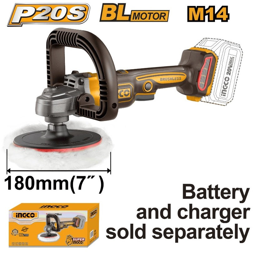 INGCO 20V LI-ION BRUSHLESS ANGLE POLISHER 400-2500RPM APLI2018 (BARE UNIT)