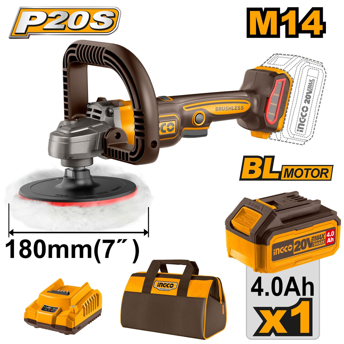 INGCO 20V LI-ION BL ANGLE POLISHER 400-2500RPM 1X4.0AH+BAG APLI20181 Main image