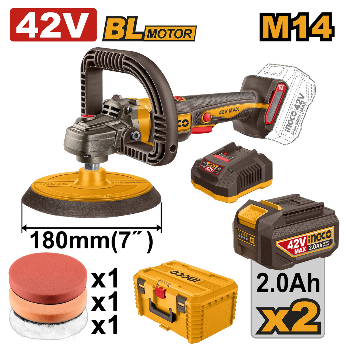 INGCO 42V BL 7" POLISHER 2X2.0AH +STORAGE BOX APLI42182 Main image