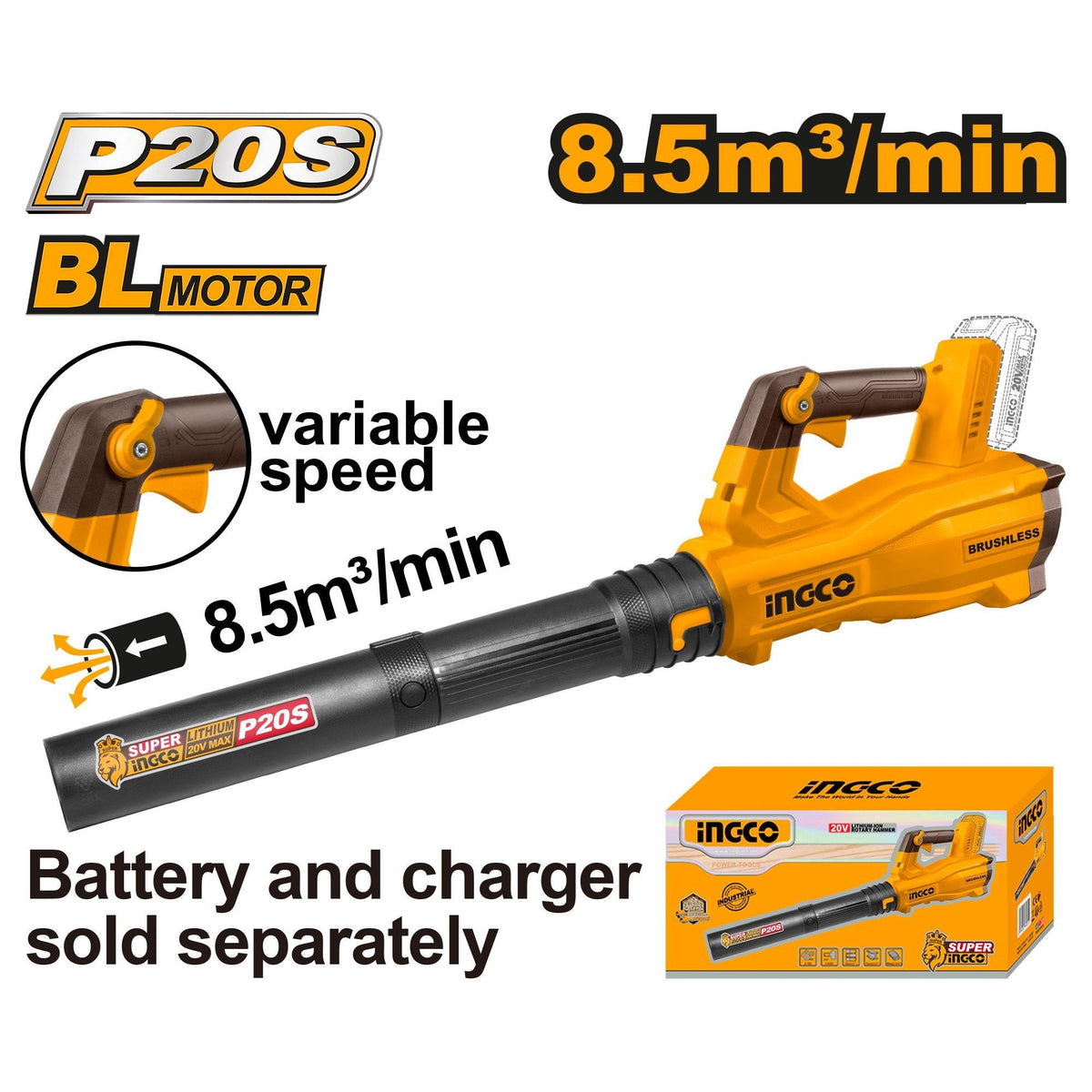 INGCO 20V BRUSHLESS POWERFUL LEAF BLOWER MAX.VOL:8.5M3/MIN CABLI20428 (BARE UNIT) Main image