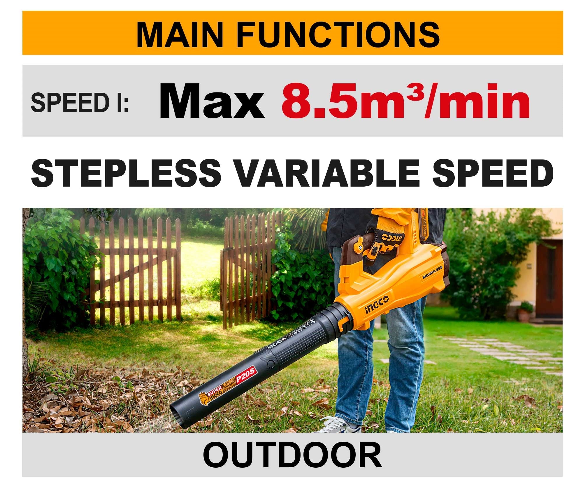 INGCO 20V BRUSHLESS POWERFUL LEAF BLOWER MAX.VOL:8.5M3/MIN CABLI20428 (BARE UNIT) Secondary image