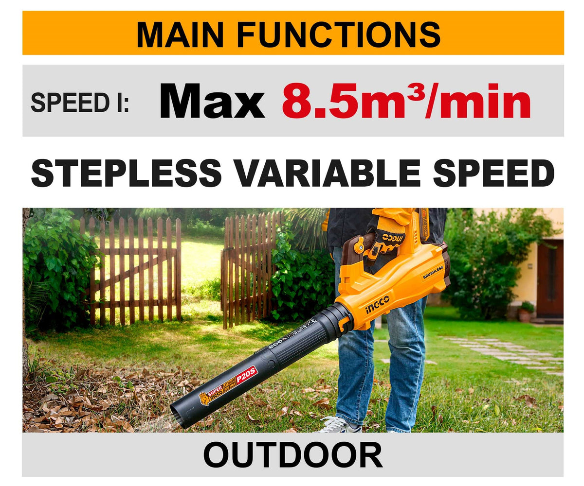INGCO 20V BRUSHLESS POWERFUL LEAF BLOWER MAX.VOL:8.5M3/MIN CABLI20428 (BARE UNIT)