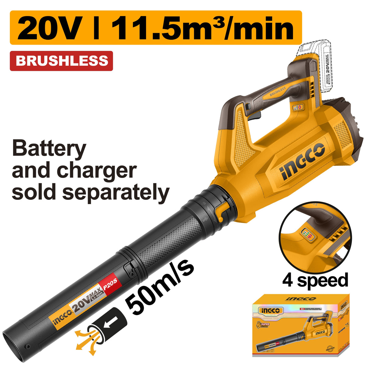 INGCO 20V 4 SPEED LEAF BLOWER 11.5M3/MIN AIR SPEED 50M/S CABLI20508 (BARE UNIT) Main image