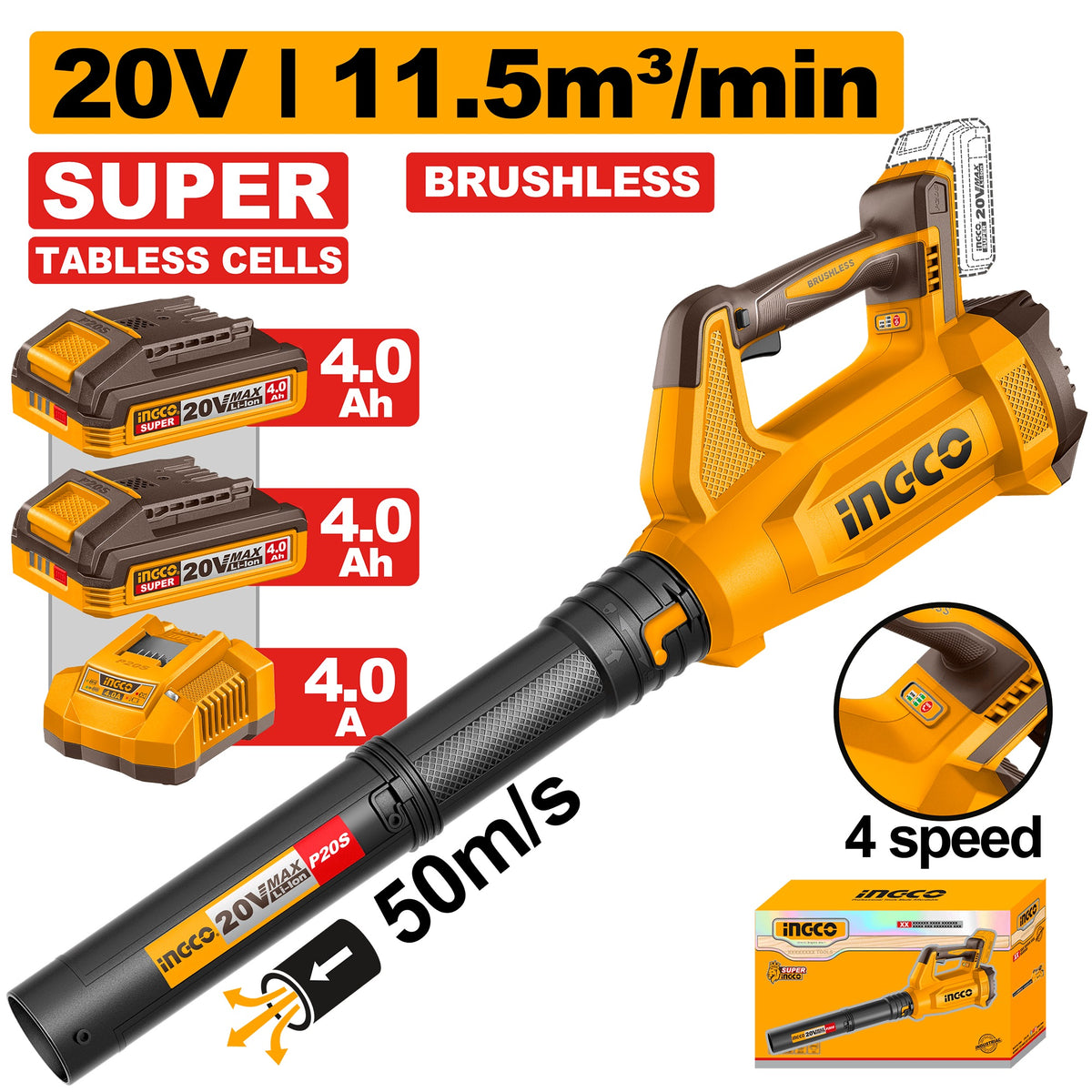 INGCO 20V 4 SPEED LEAF BLOWER 11.5M3/MIN 2X4.0 TABLESS BATT CABLI205082 Main image