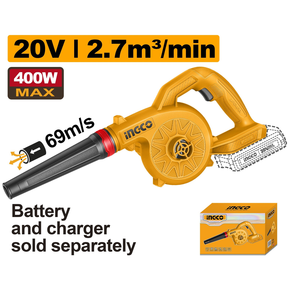 INGCO 20V LI-ION BLOWER 18,000RPM 2.7M3/MIN CABLI2078 (BARE UNIT) Main image