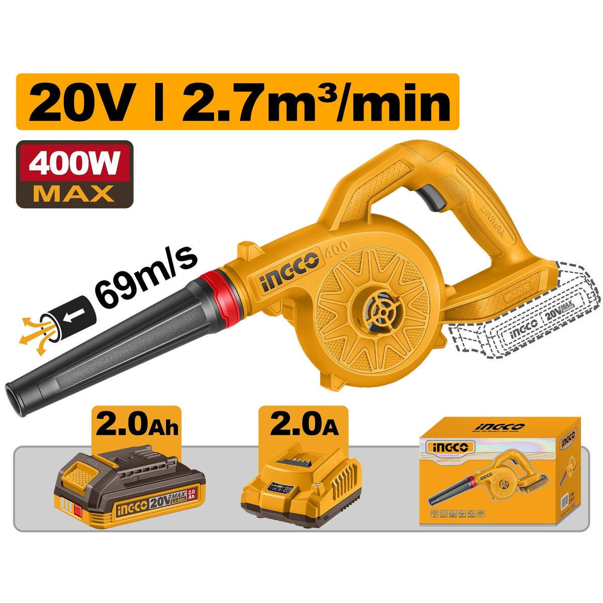 INGCO 20V LI-ION BLOWER 18,000RPM 2.7M3/MIN 1X2.0AH+CHGR CABLI20781 Main image