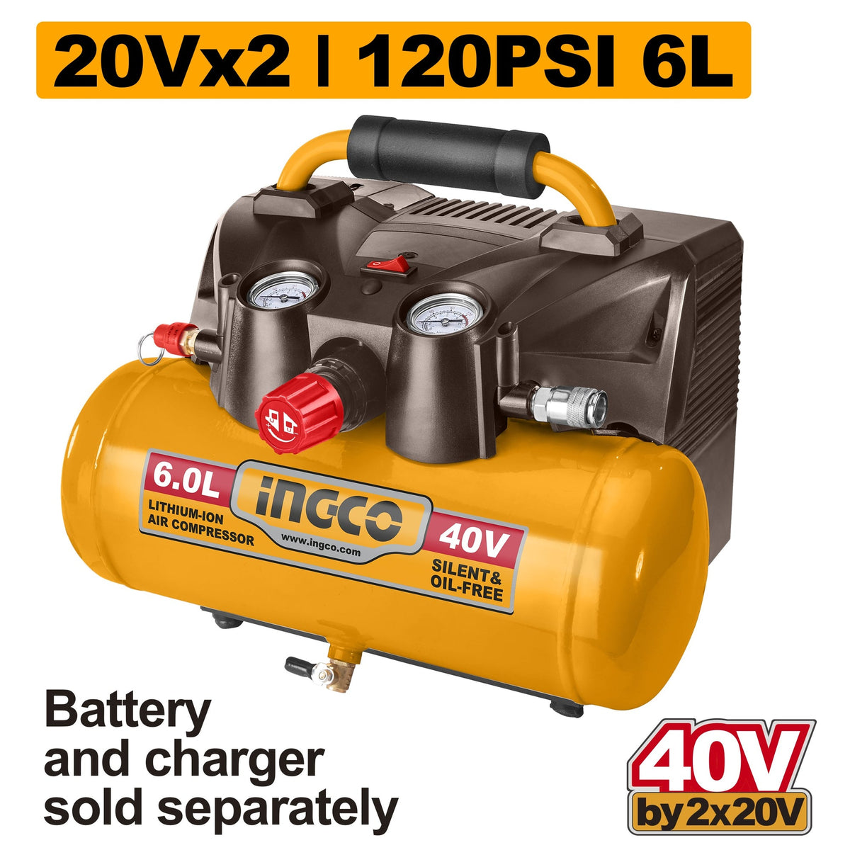 INGCO 20V + 20V LI-ION 6L TANK 135 BAR AIR COMPRESSOR CACLI2003 (BARE UNIT) Main image