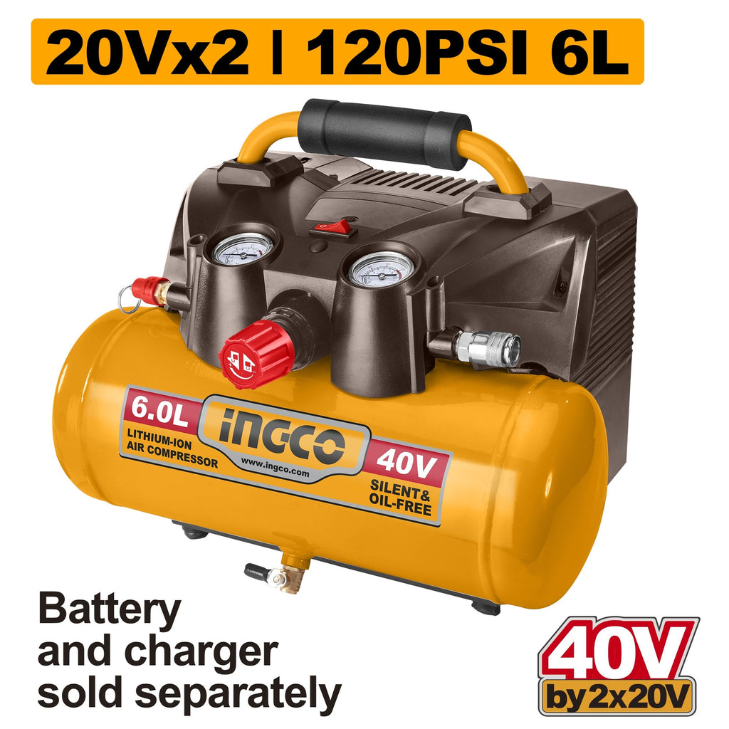 INGCO 20V + 20V LI-ION 6L TANK 135 BAR AIR COMPRESSOR CACLI2003 (BARE UNIT)