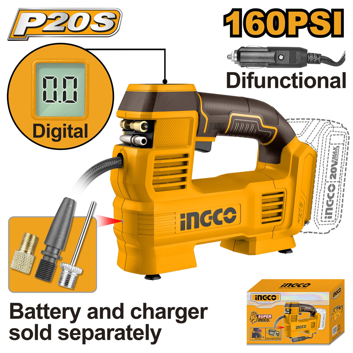 INGCO 20V CORDLESS AUTO AIR COMPRESSOR 160PSI CACLI2012 (BARE UNIT) Main image